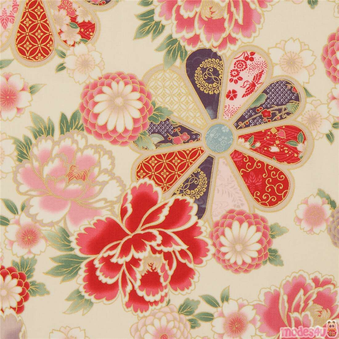 Quilt Gate cream and metallic gold peony and sakura flower fabric