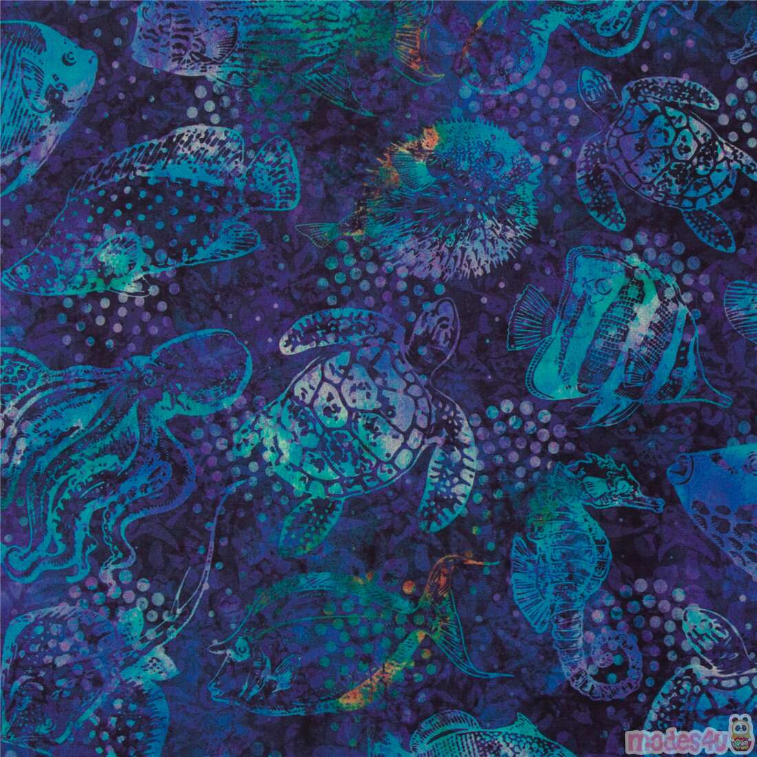 Quilting Treasures batik fabric dark blue marine animals dots - modeS4u