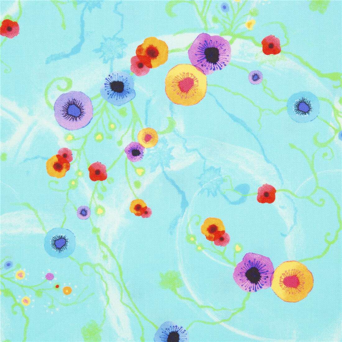 Rainbow watercolor flowers blue fabric by Timeless Treasures Fabric by ...