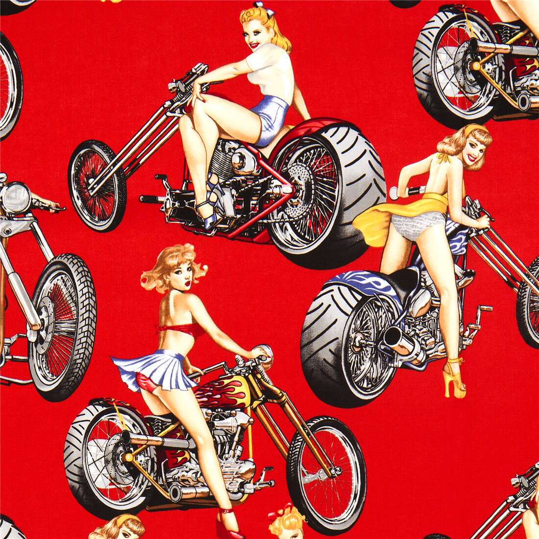 Alexander Henry Pinup Biker Chicks Red 100% Cotton 16"x16" 40cm Cushion Cover 
