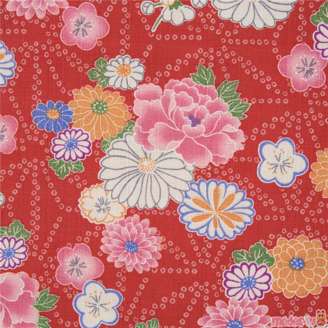 Red dobby Japanese fabric with dots pattern and colorful flowers Fabric ...