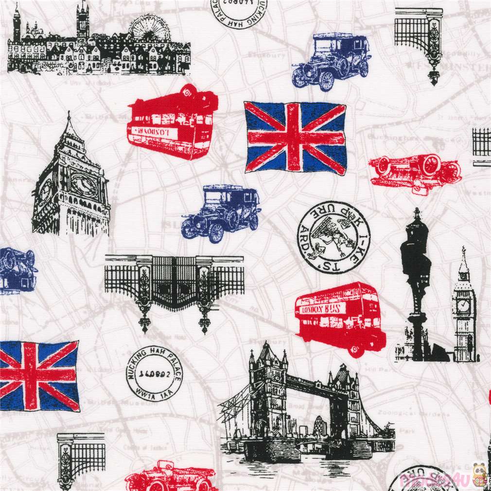 Robert Kaufman London fabric with Big Ben and red buses modeS4u