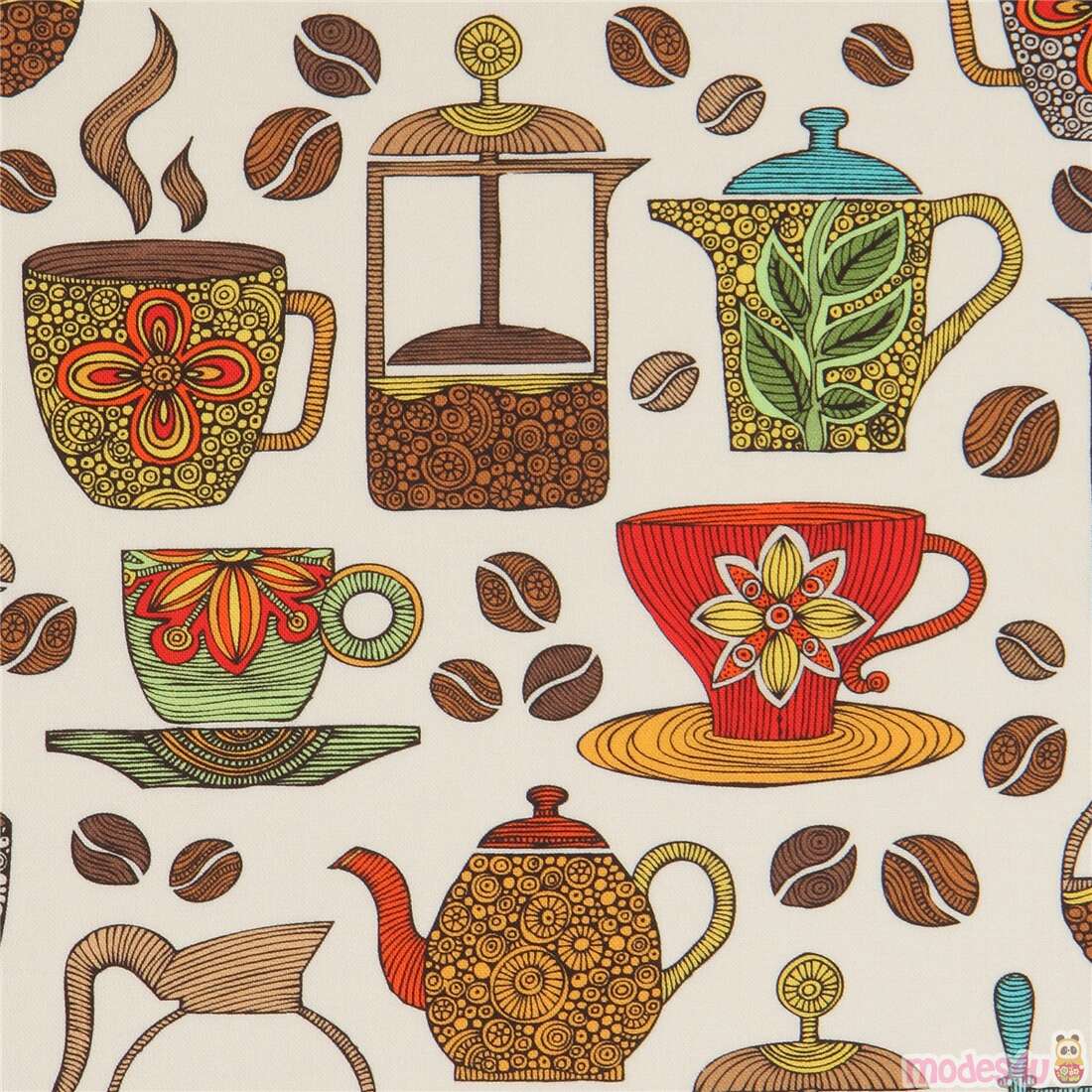 Robert Kaufman fabric with colorful coffee cups and French presses Fabric by Robert Kaufman