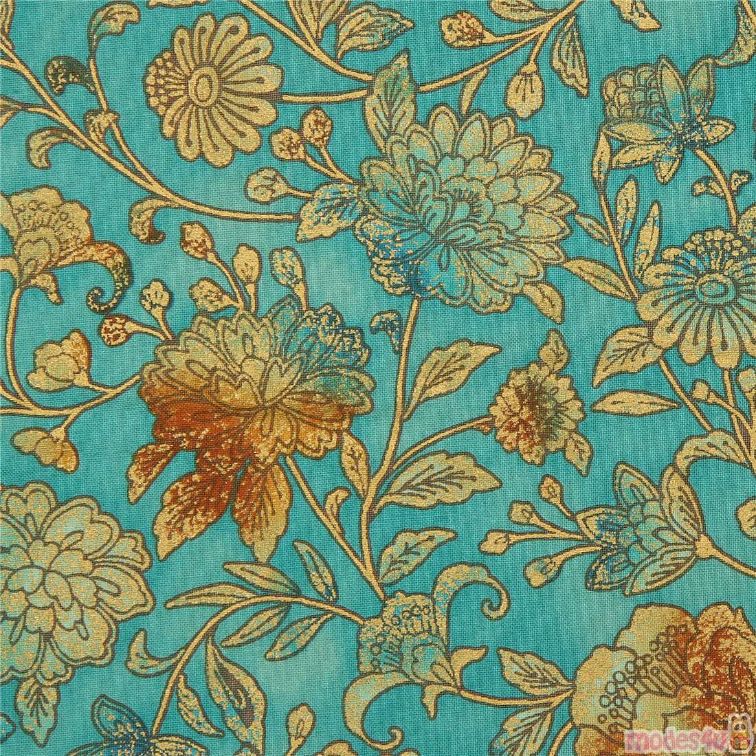 Robert Kaufman jade green metallic gold fabric with peony dahlia ...