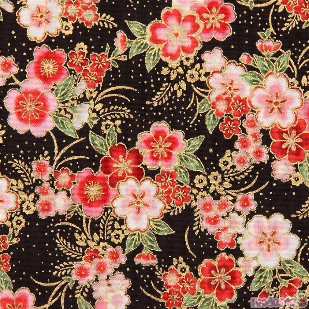 Robert Kaufman metallic gold and black cherry blossom fabric - modeS4u