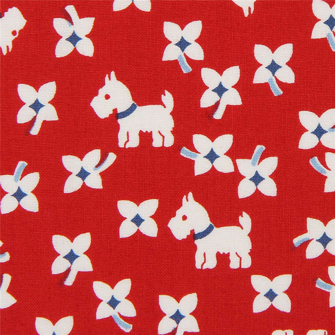 Robert Kaufman red animal fabric with white flowers and dogs Fabric by