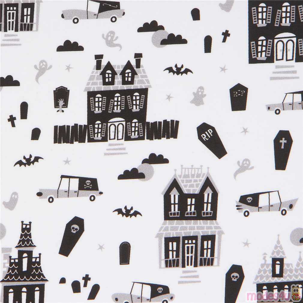 Robert Kaufman white Halloween fabric with haunted houses by Robert
