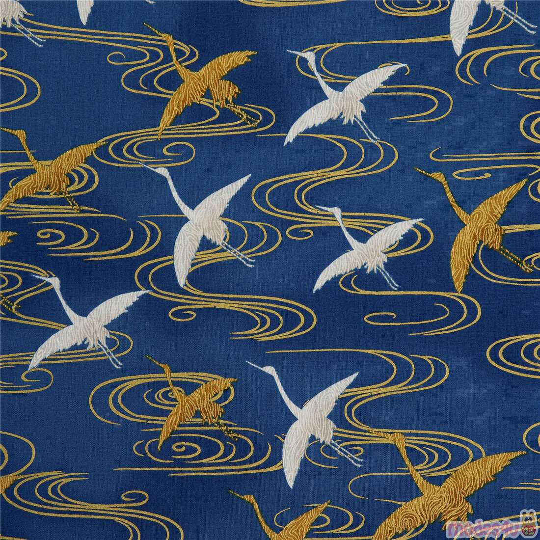 Royal blue gold white flying cranes fabric by Robert Kaufman Fabric by ...