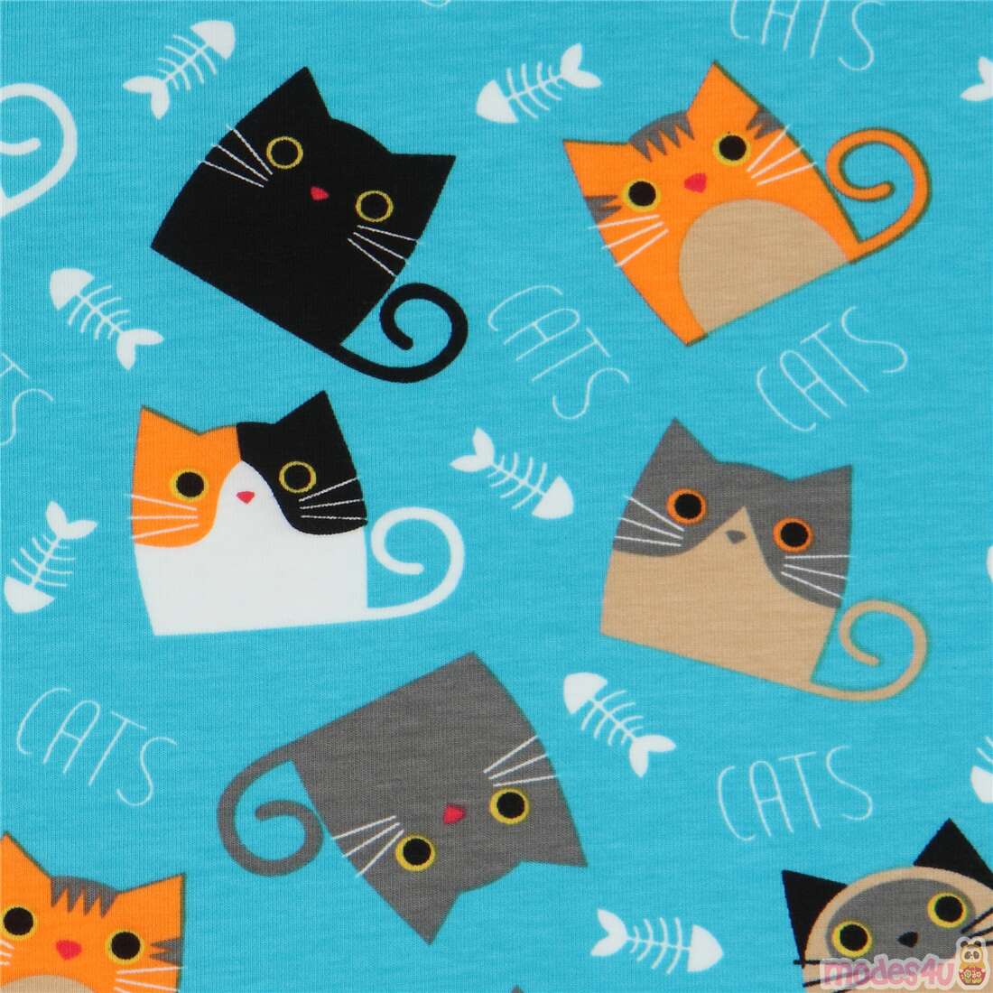 Stof Fabrics turquoise cat knit fabric Fabric by Japanese Indie modes4u