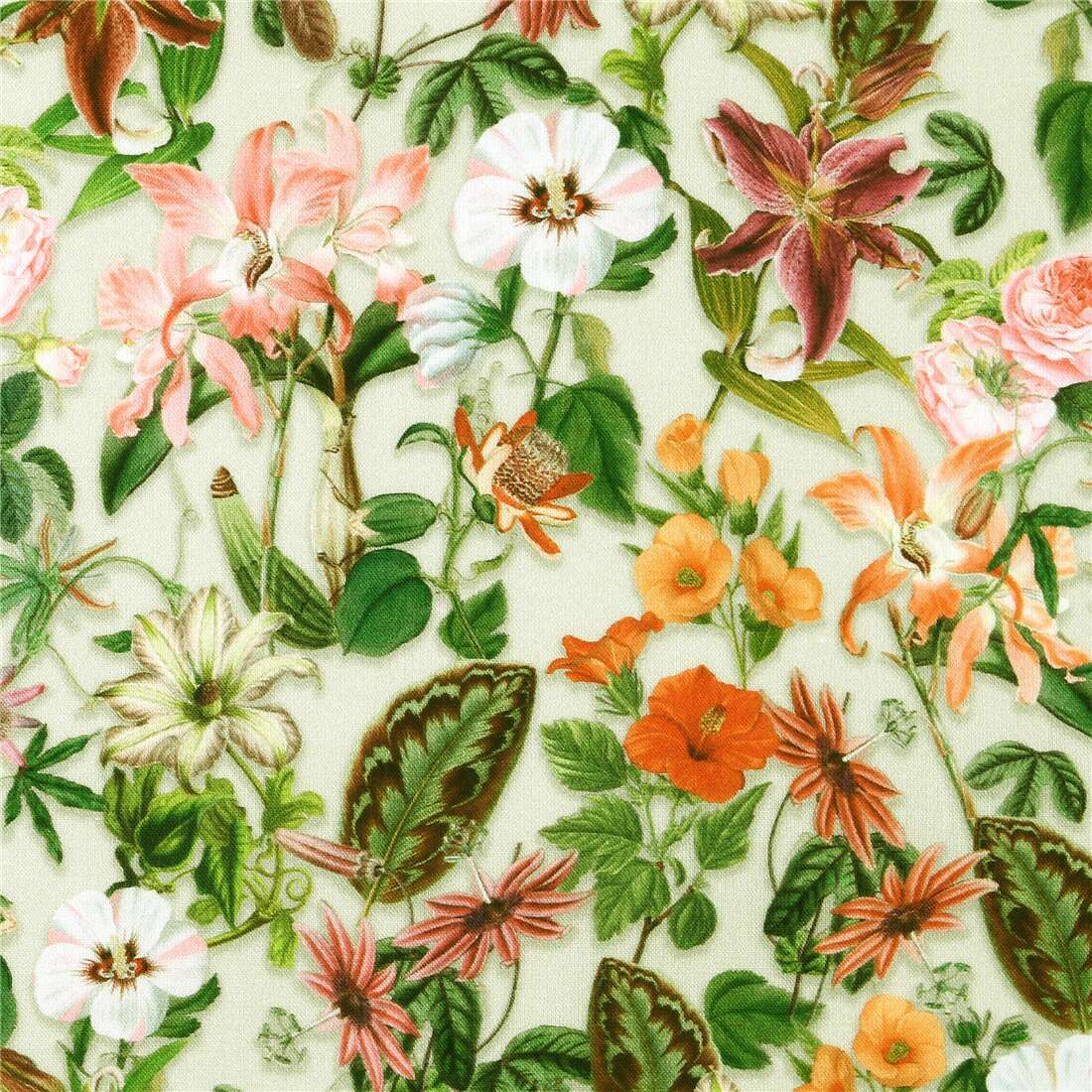 Green Pretty Floral Hibiscus Lily Fabric by Stof France - modeS4u