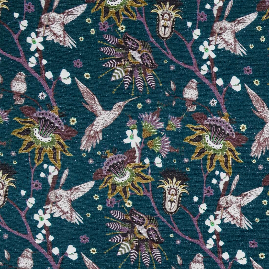 Teal cotton Stof France fabric exotic birds flowers jewel tones modeS4u