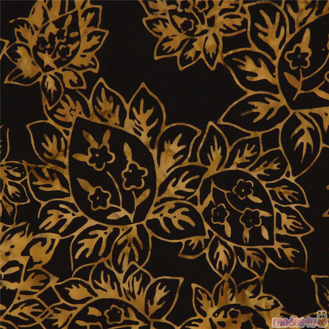 Timeless Treasures black batik  fabric with flower and leaf 