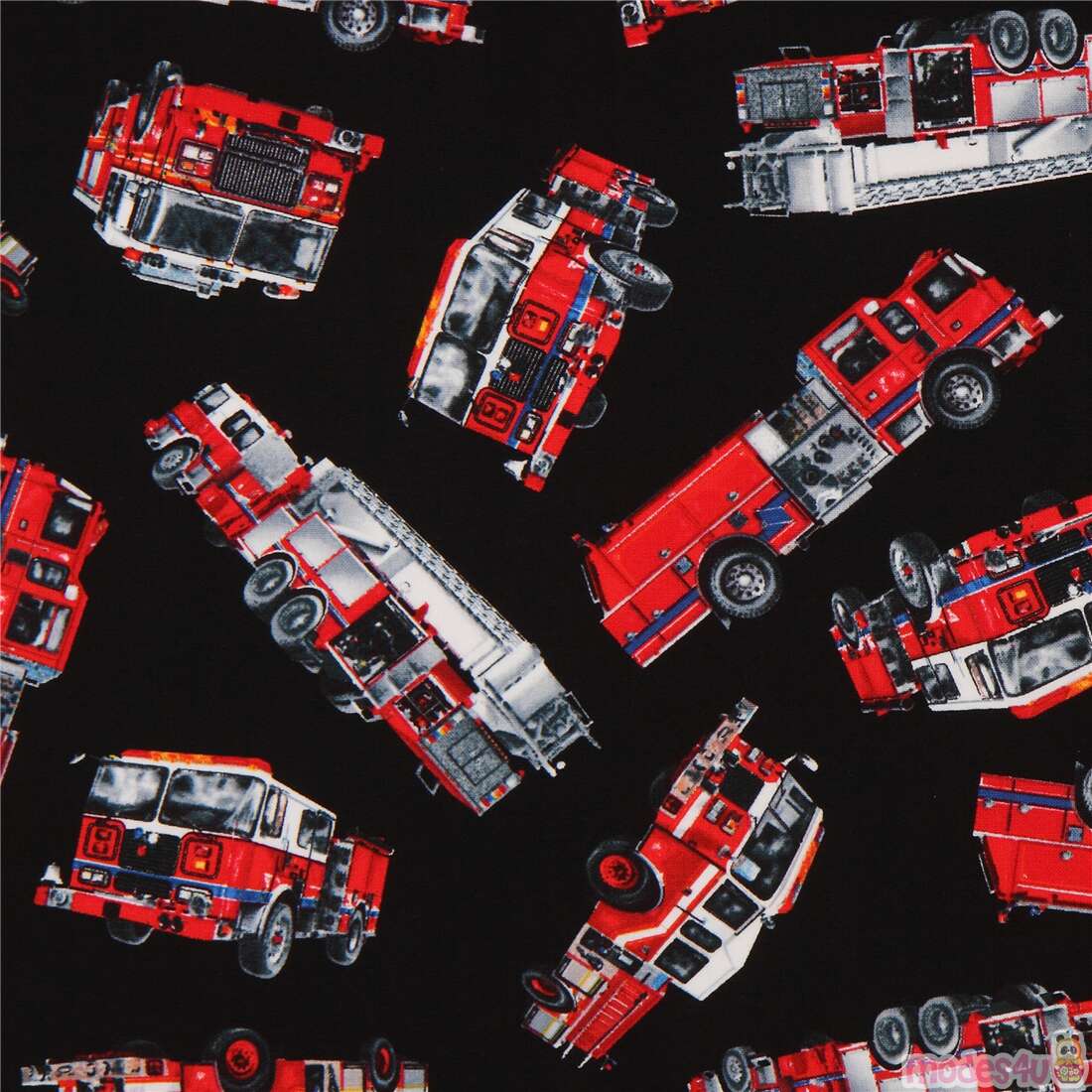 Timeless Treasures Black Fabric With Tossed Red Fire Trucks Modes4u