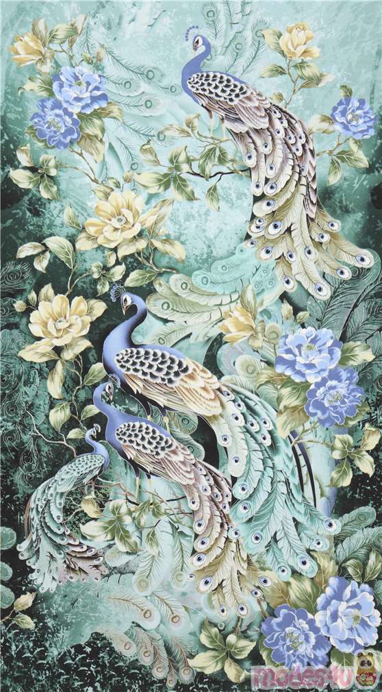 Timeless Treasures peacock panel fabric with embellishment - modeS4u