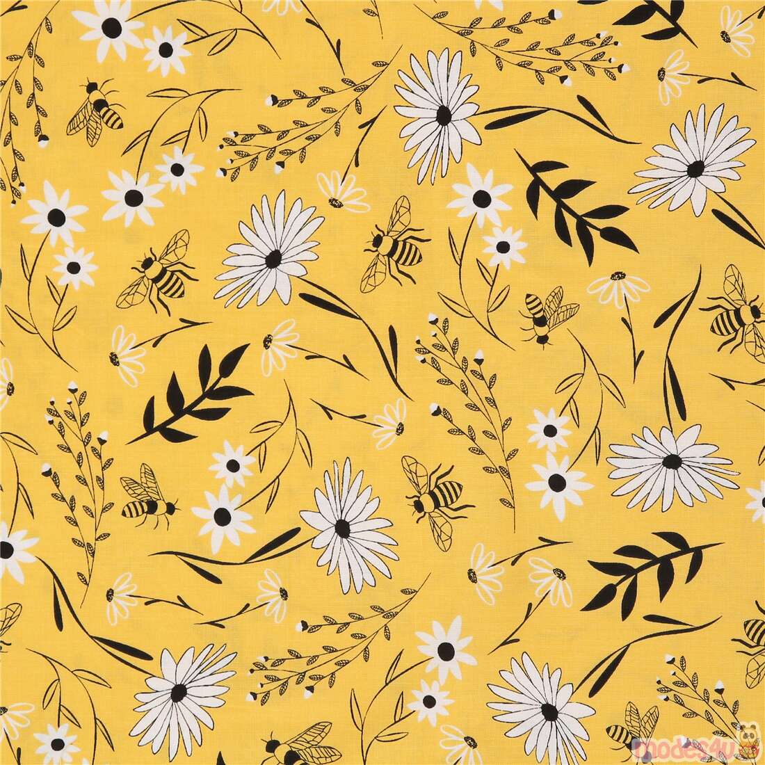 Timeless Treasures gelber Stoff Blumen Bienen Blätter Fabric by ...