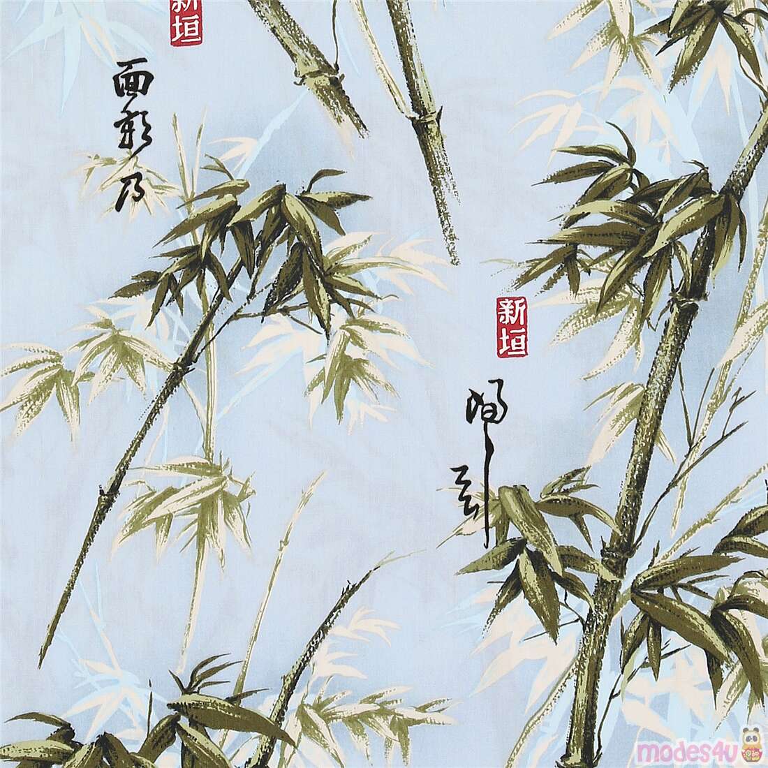 TransPacific Textiles blue fabric with bamboo shoots kanji Fabric by Japanese Indie modes4u