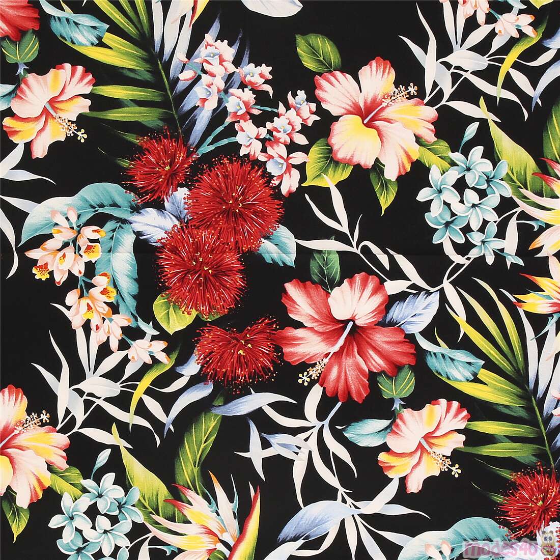 Trans-Pacific Textiles exotic red peach flowers black fabric Fabric by ...