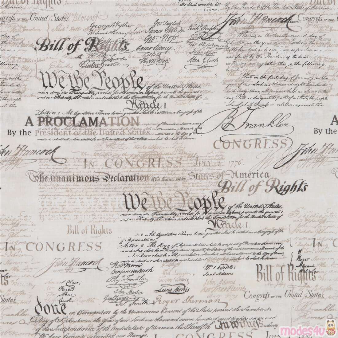 USA bill of rights text on tan vintage fabric by Timeless Treasures Fabric  by Timeless Treasures - modeS4u