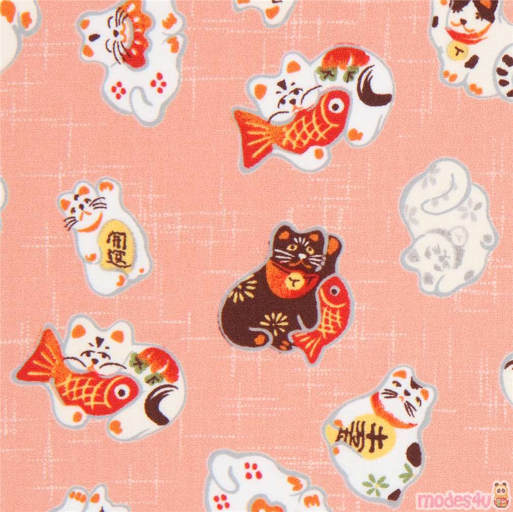 amunzen fabric in peach with lucky cats Fabric by Japanese Indie - modes4u