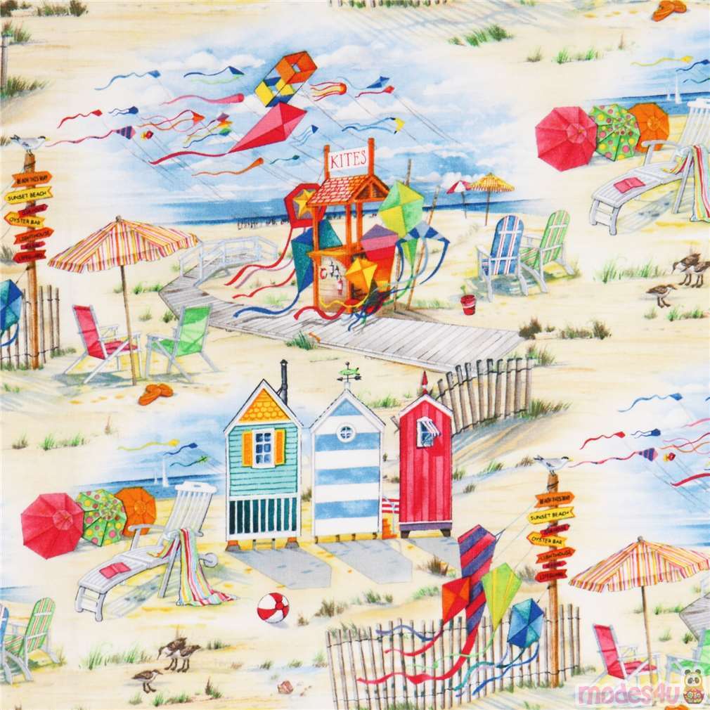 beige beach hut kite sea fabric Elizabeth's Studio - modeS4u Kawaii Shop