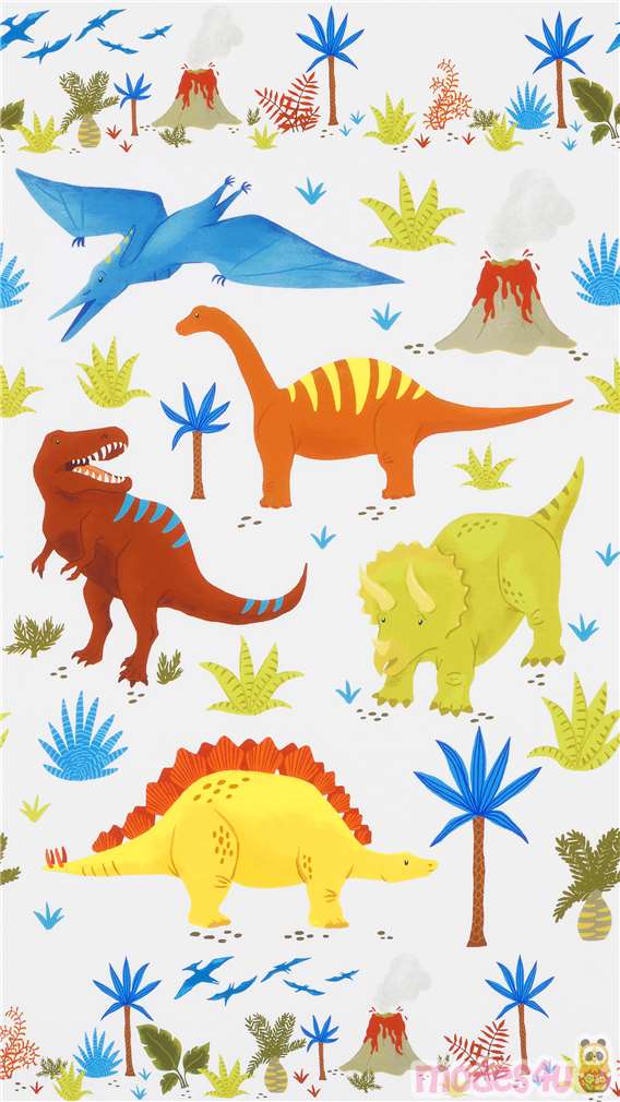 cream fabric by Robert Kaufman with big colorful dinosaurs Fabric by