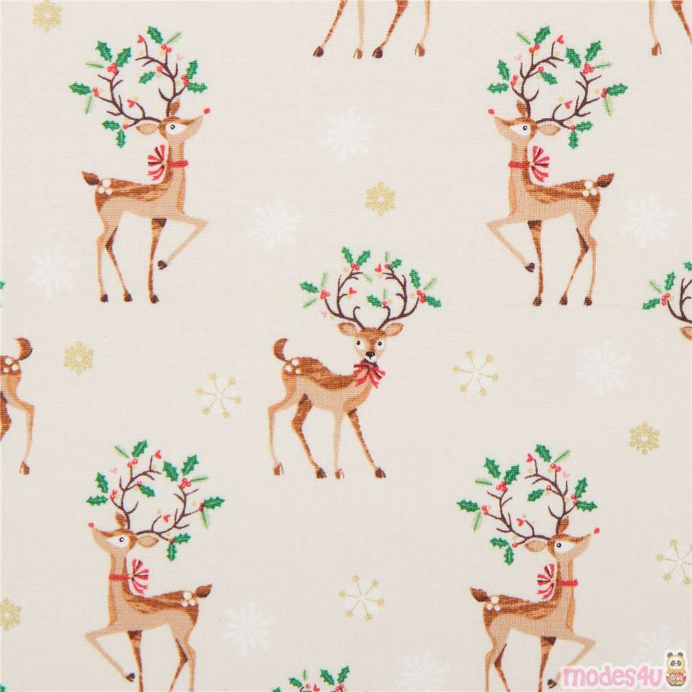 beige fabric with reindeer gold metallic embellishment makower uk