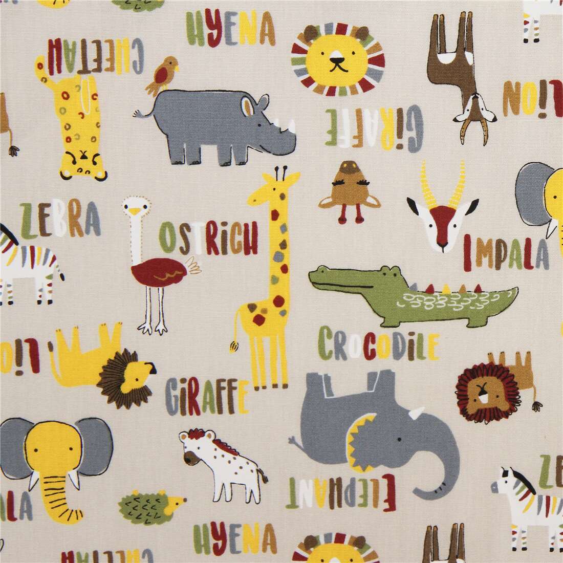 Beige Taupe Zoo Animals Elephant Zebra Crocodile Japanese Cotton Fabric Modes4u