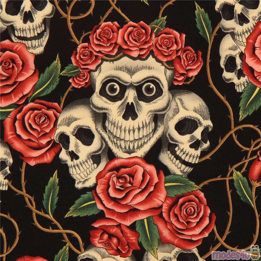 black Alexander Henry fabric roses and beige skulls - modeS4u