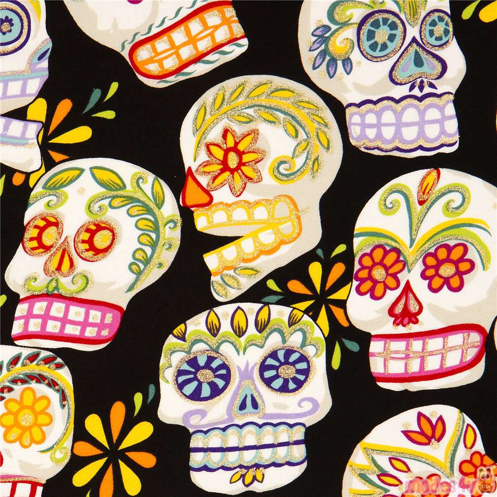 black Alexander Henry fabric with decorated skulls Fabric by Alexander ...