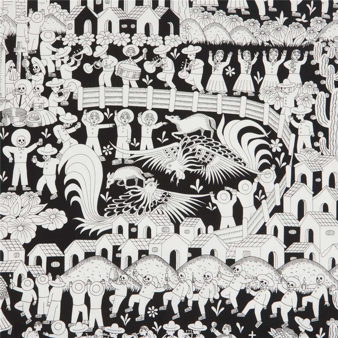 black and white Mexican town fabric by Alexander Henry Fabric by ...