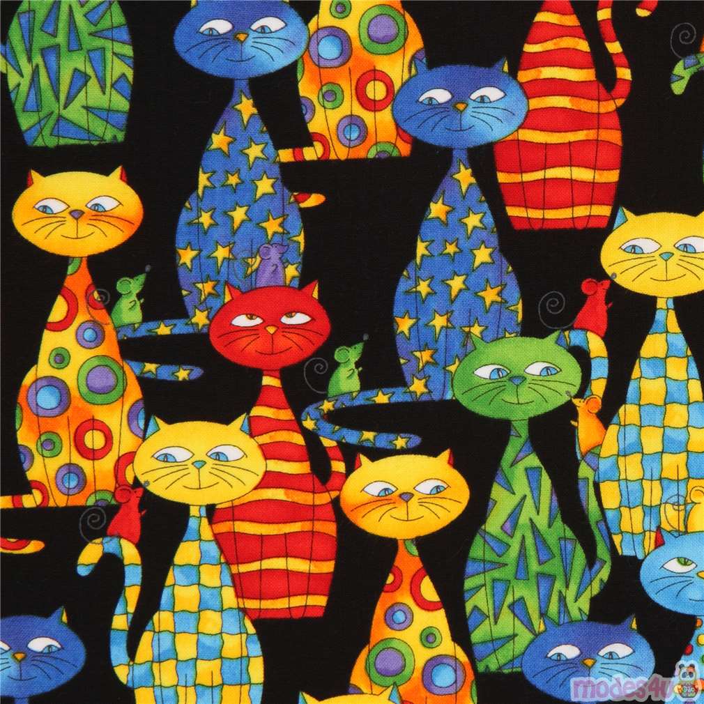 Black Cartoon Cats Fabric By Timeless Treasures Usa Modes4u Kawaii Shop