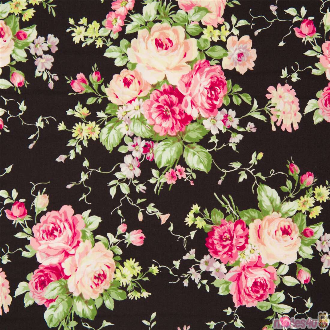 black cotton Japan fabric with large bouquets of pink roses and pastel ...