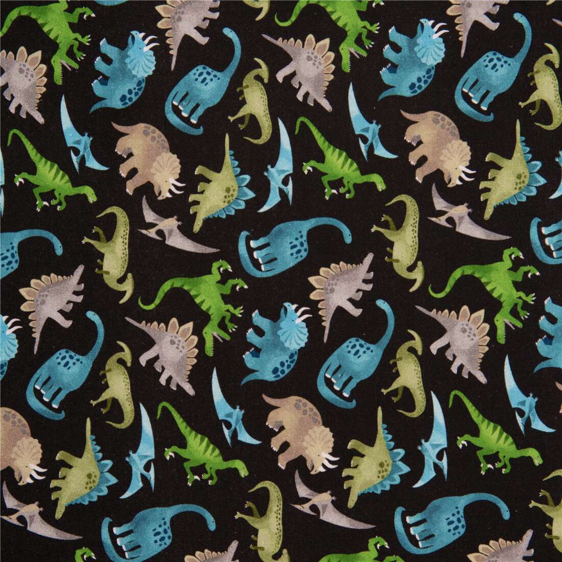 black cotton USA fabric with tumbling dinosaurs by Timeless Treasures ...