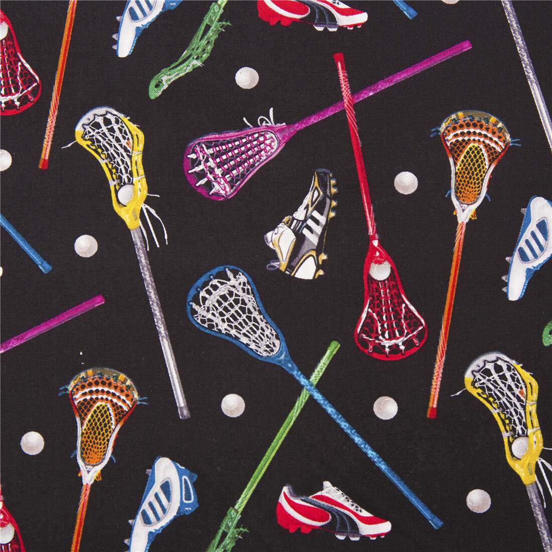 Sports Colorful Lacrosse Sticks Shoes Balls Fabric by Elizabeth's