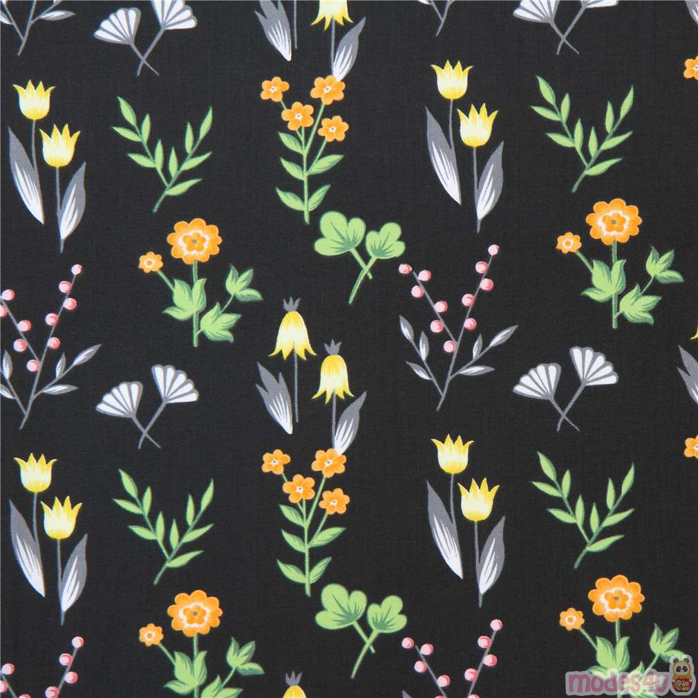 black fabric cute colorful yellow orange flower grey leaf by Dear ...