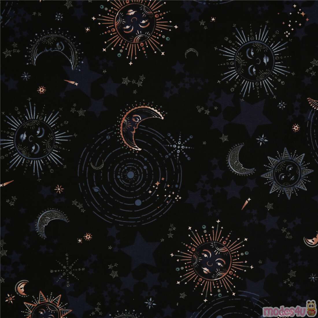 Remnant (12 x 112 cm) - black glitter accent sun moon stars astrology  cotton fabric by Robert Kaufma - modeS4u