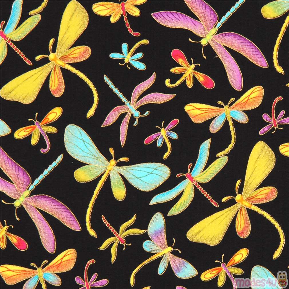 black gold metallic colorful dragonfly fabric by Timeless Treasures ...