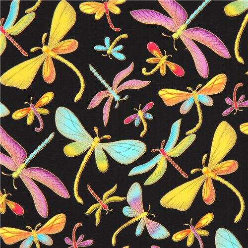 black gold metallic colorful dragonfly fabric by Timeless Treasures ...