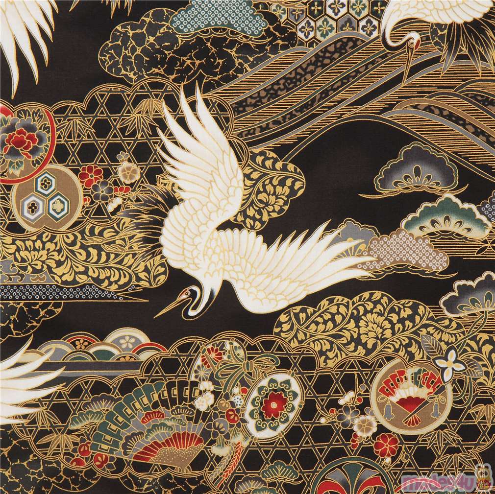 blackgrey crane fabric by Quilt Gate with metallic embellishment
