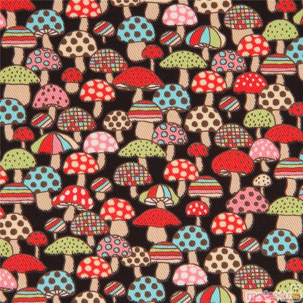 black twill colorful red green blue mushroom fabric from Japan modeS4u