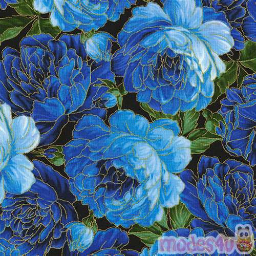 black with blue flower gold metallic fabric by Timeless Treasures