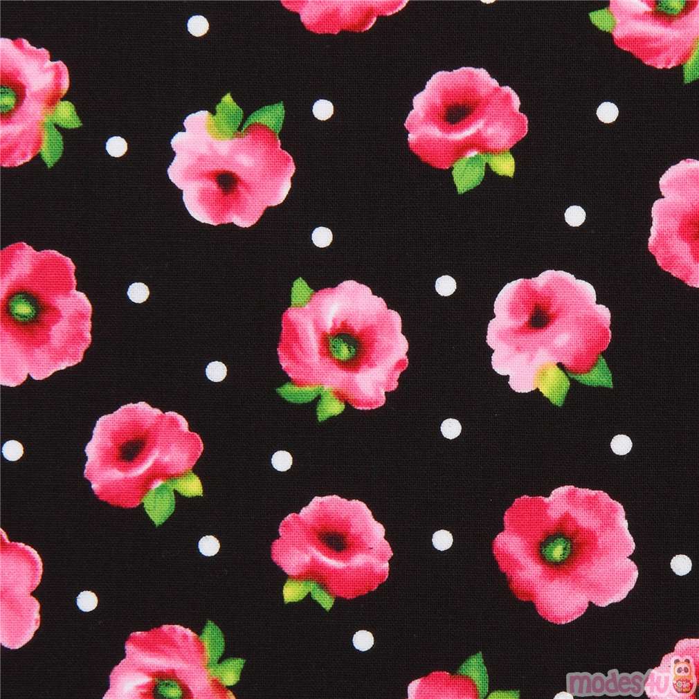 black with white dot fabric pink flower Quilting Treasures Fabric by ...