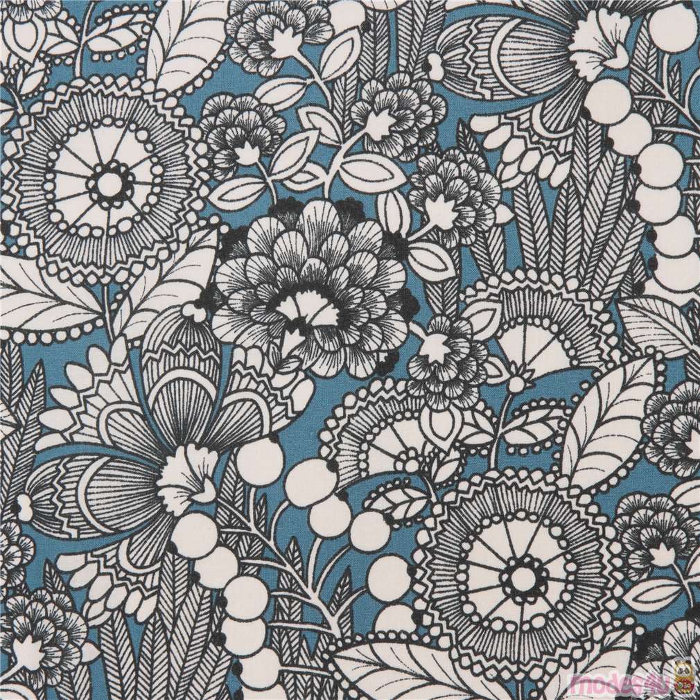 blue Alexander Henry fabric light cream flower Fabric by Alexander ...