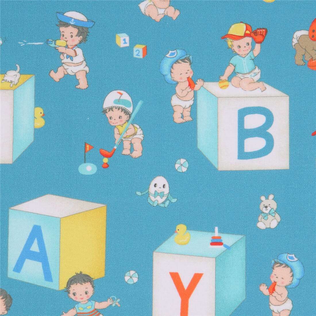 blue Michael Miller baby boy fabric with toy blocks modeS4u