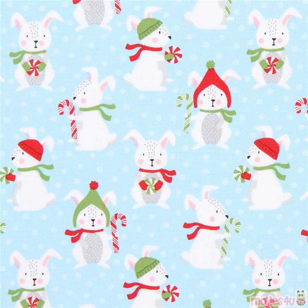 blue Robert Kaufman bunny rabbit dot Christmas fabric Frosty Friends