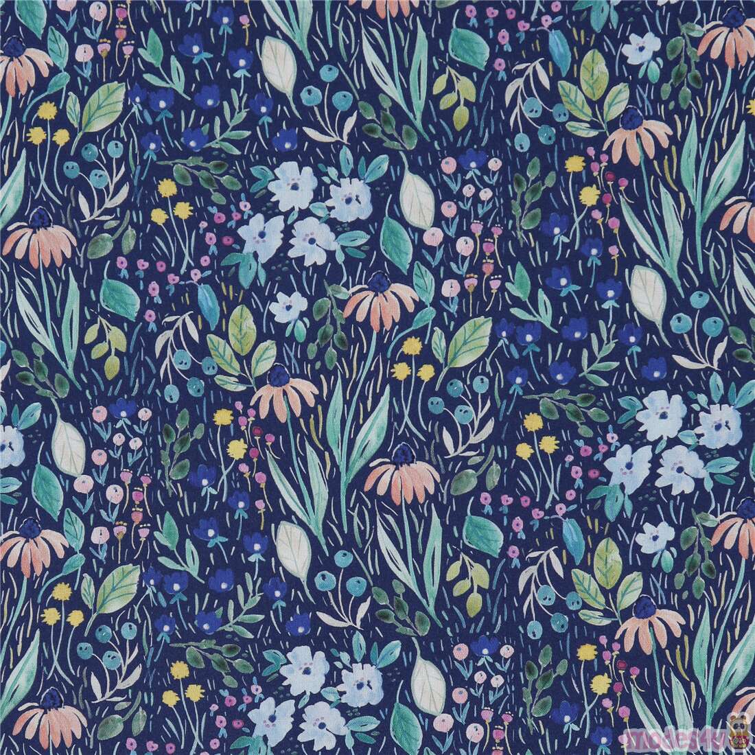 blue colourful floral and leaves cotton fabric by Dear Stella - modeS4u