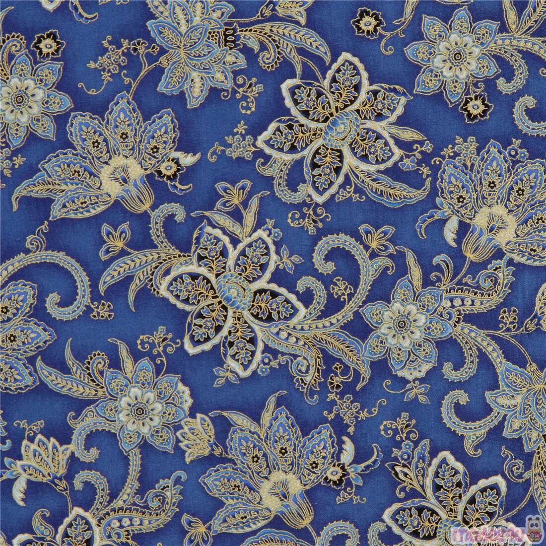 blue cotton fabric with blue paisley gold metallic by Robert Kaufman ...