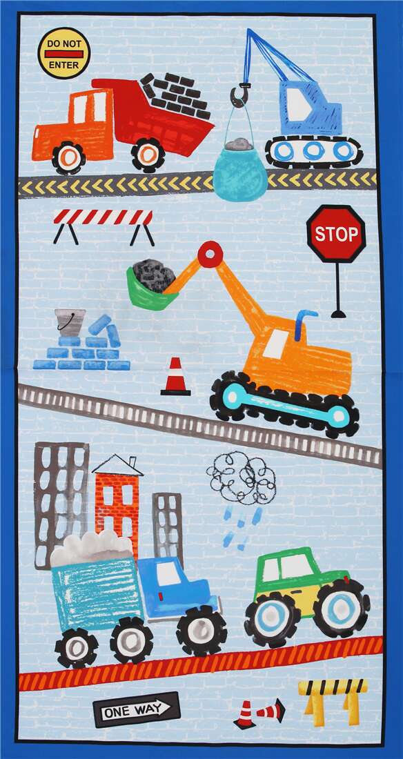 blue cotton panel fabric orange trucks by Michael Miller Fabric by