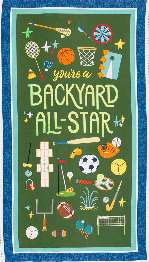 blue edged green cotton panel fabric sports themed fabric by Michael Miller modeS4u