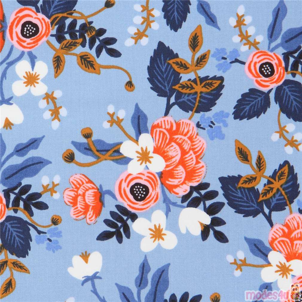 blue fabric with flower leaf fabric by Cotton and Steel Fabric by